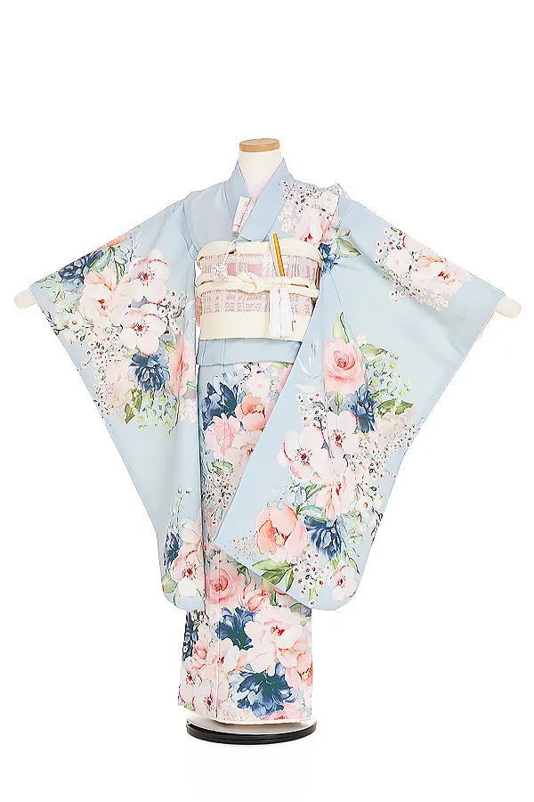 Light blue floral kimono on a dress form with a pale pink obi belt and matching floral pattern throughout