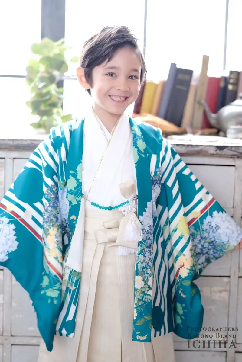 七五三 5歳 男の子 着物｜ストライプ ターコイズ
