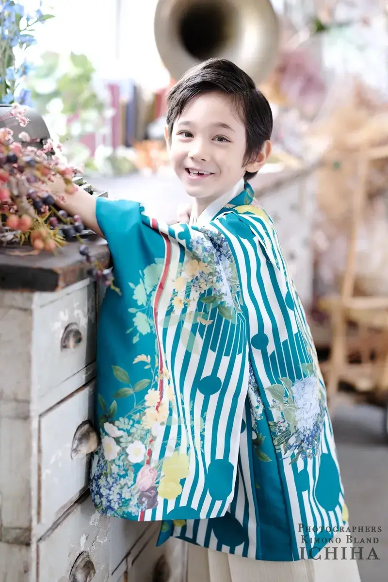 七五三 5歳 男の子 着物｜ストライプ ターコイズ