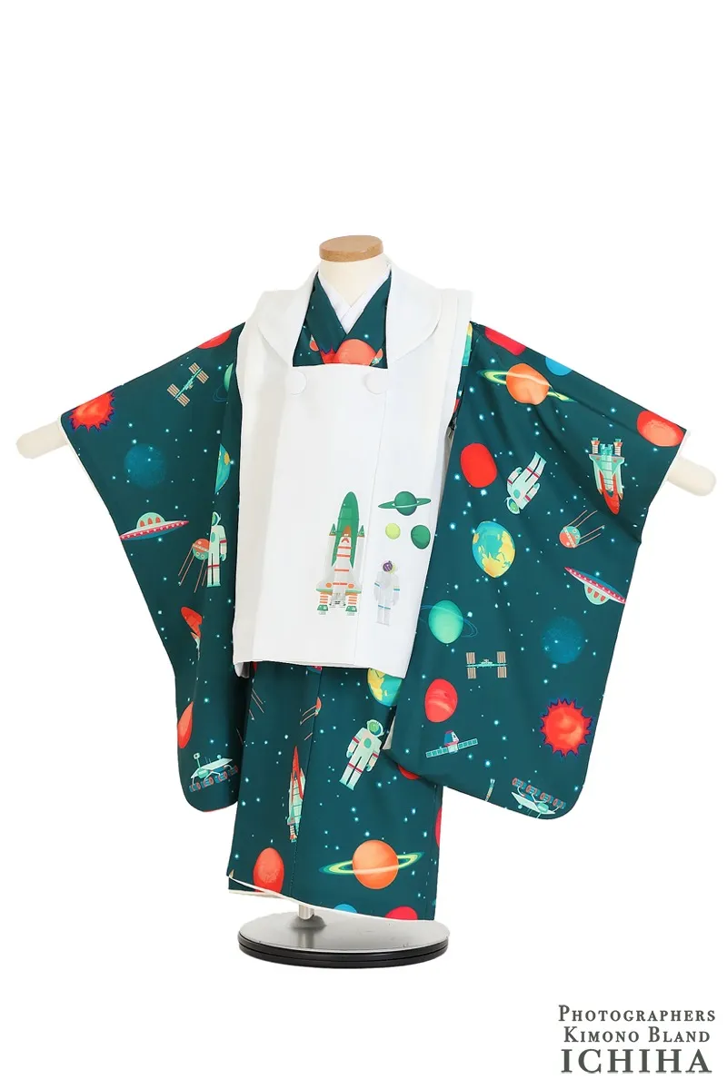 七五三 着物レンタル 3歳 男の子｜宇宙飛行士シリーズ グリーン 被布 