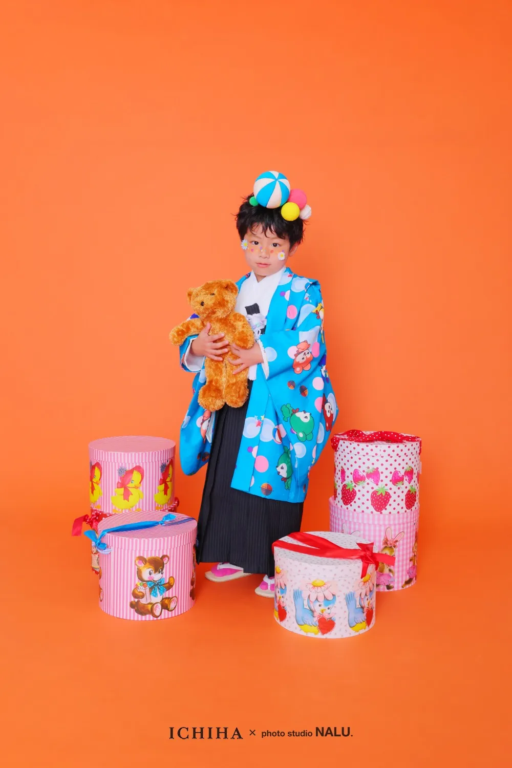 5歳七五三袴 レンタル 昭和レトロなクマさん柄青