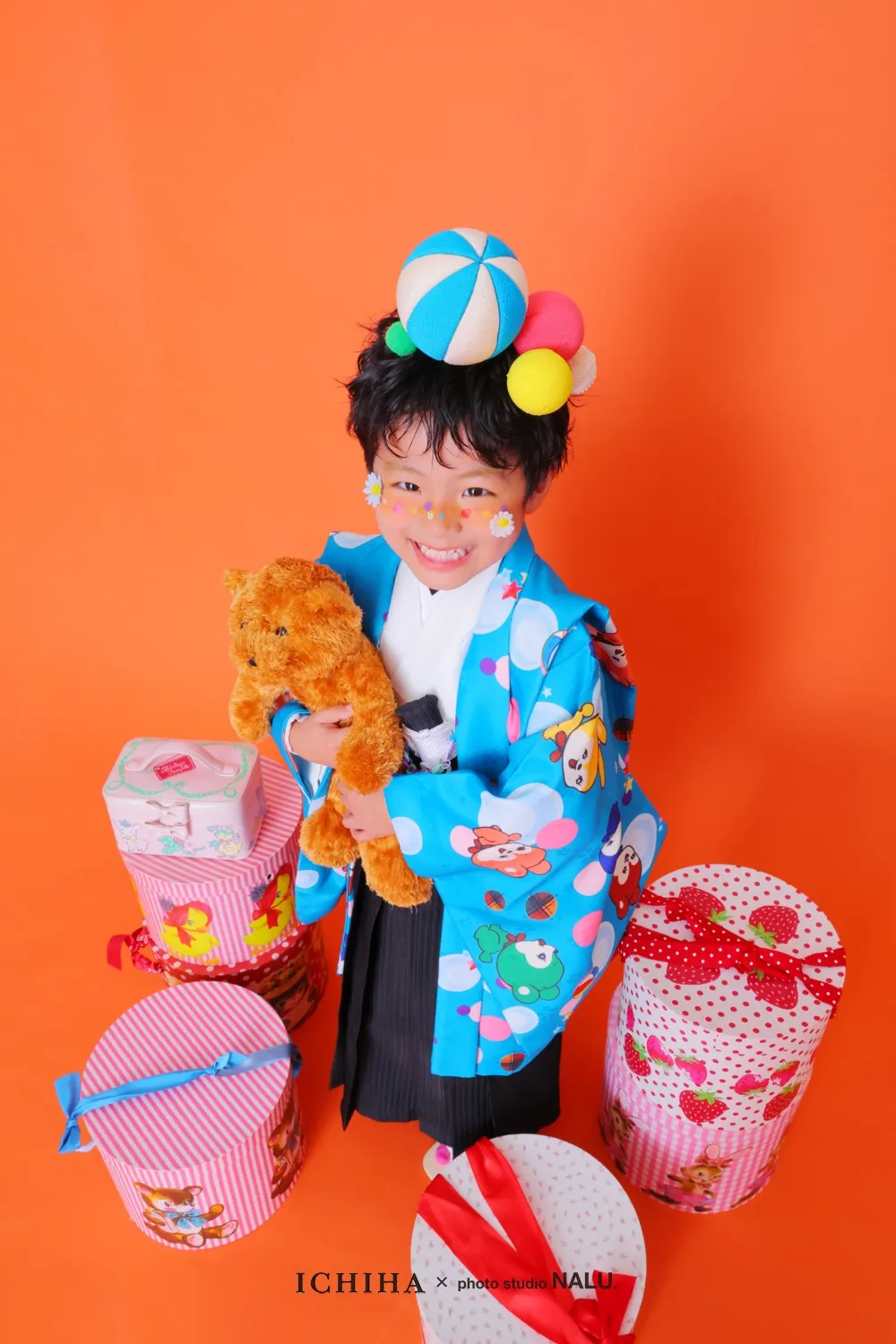 七五三用　子供着物 袴　昭和レトロ 5歳七五三袴 レンタル 昭和レトロなクマさん柄青