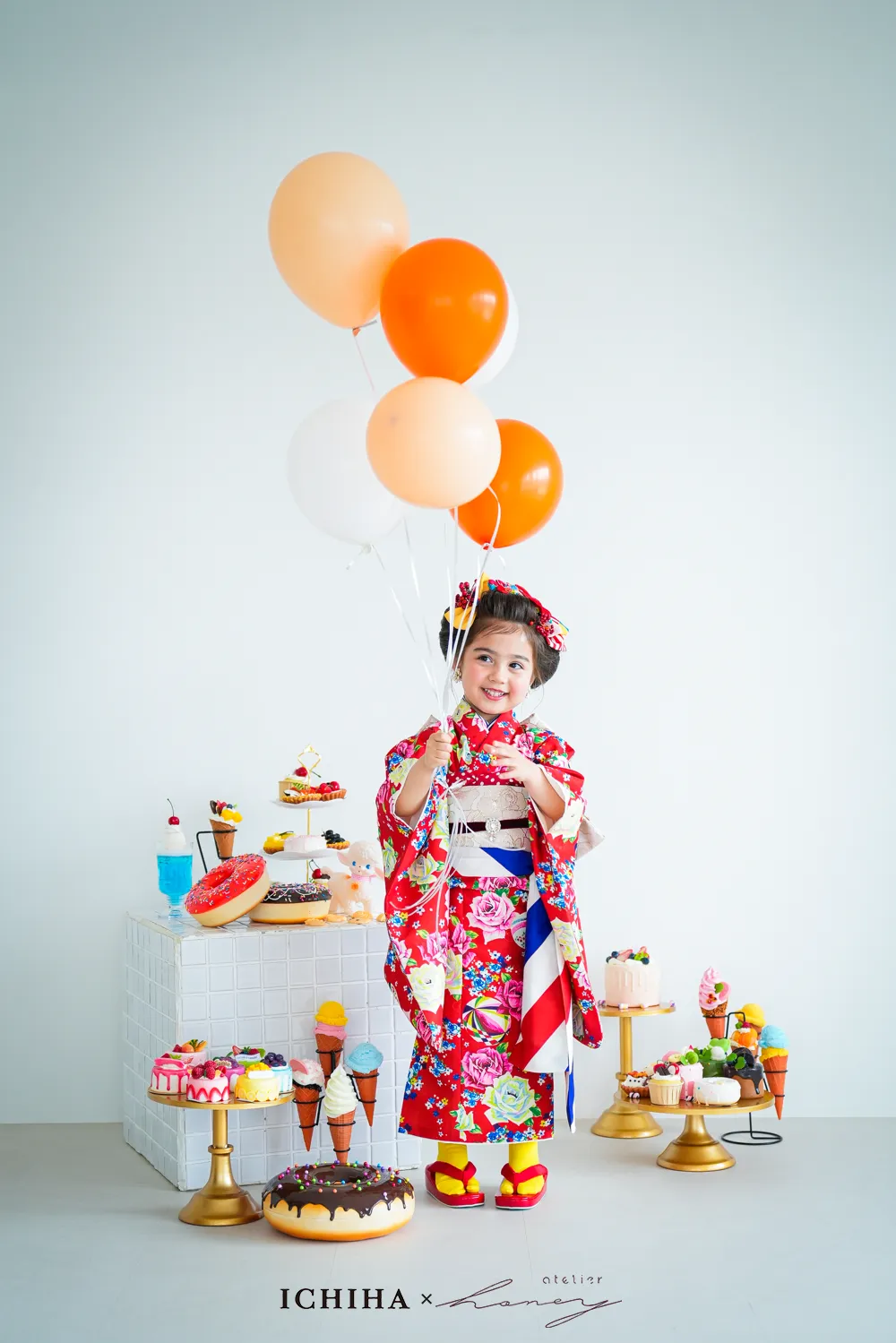 ３歳レトロバンビ被布柄と洋花着物