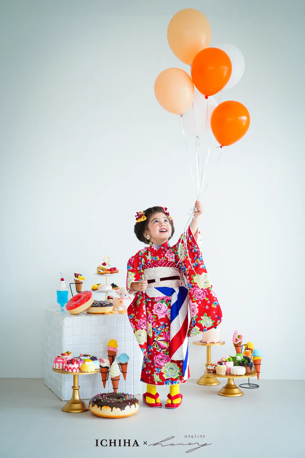 ３歳レトロバンビ被布柄と洋花着物