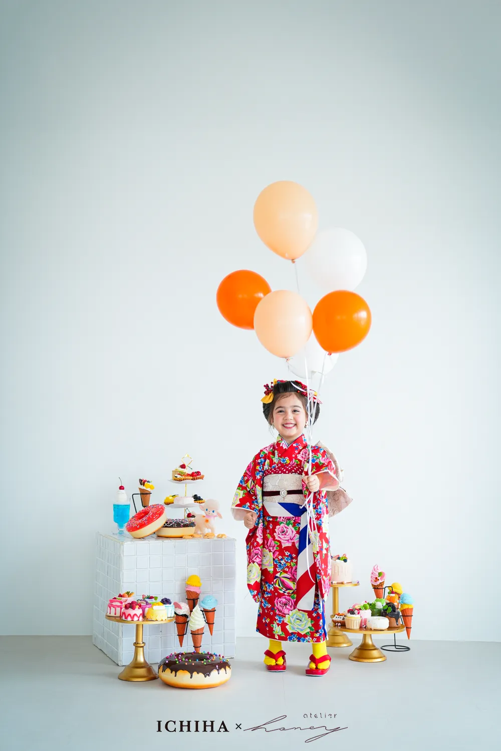 ３歳レトロバンビ被布柄と洋花着物