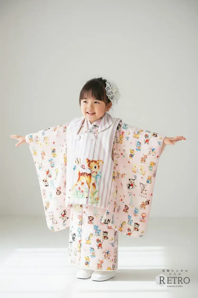 3歳女の子用七五三着物レンタル 洋猫うさぎ柄ビンテージ 夢かわ