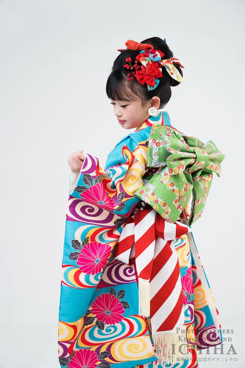 七五三7歳女の子 彩渦菊 ターコイズ レトロポップ着物レンタル