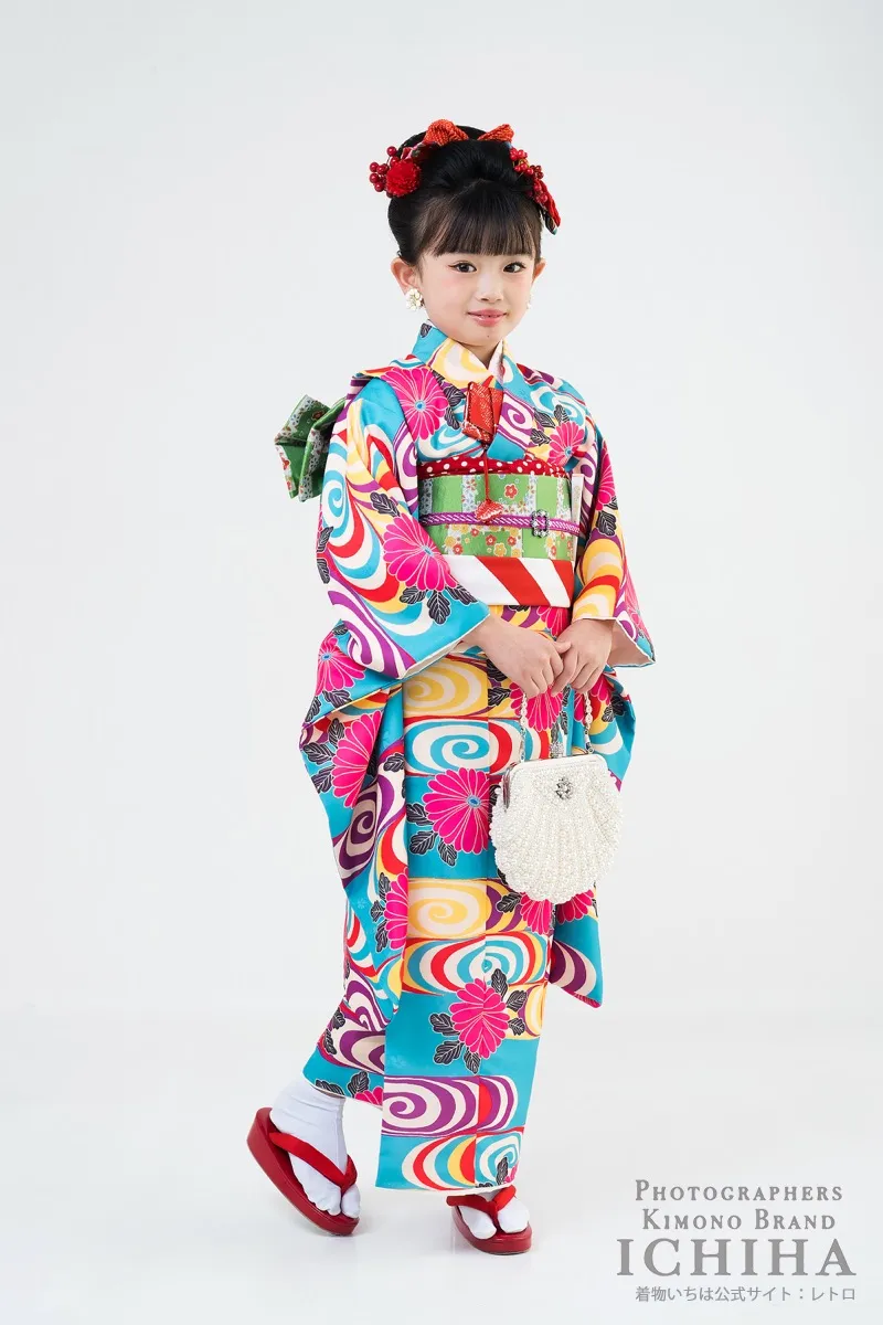 七五三7歳女の子 彩渦菊 ターコイズ レトロポップ着物レンタル