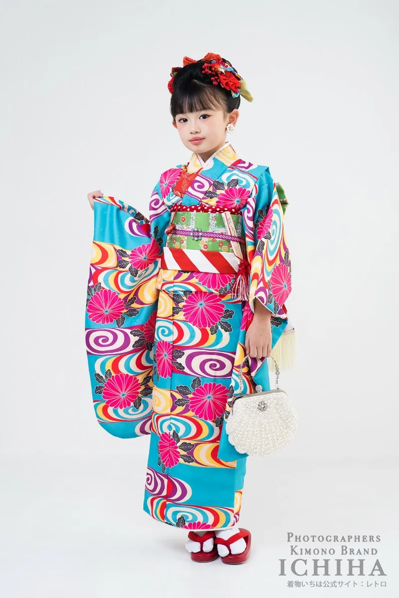 七五三7歳女の子 彩渦菊 ターコイズ レトロポップ着物レンタル