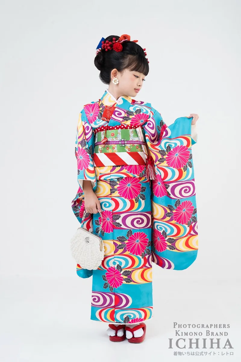 七五三7歳女の子 彩渦菊 ターコイズ レトロポップ着物レンタル