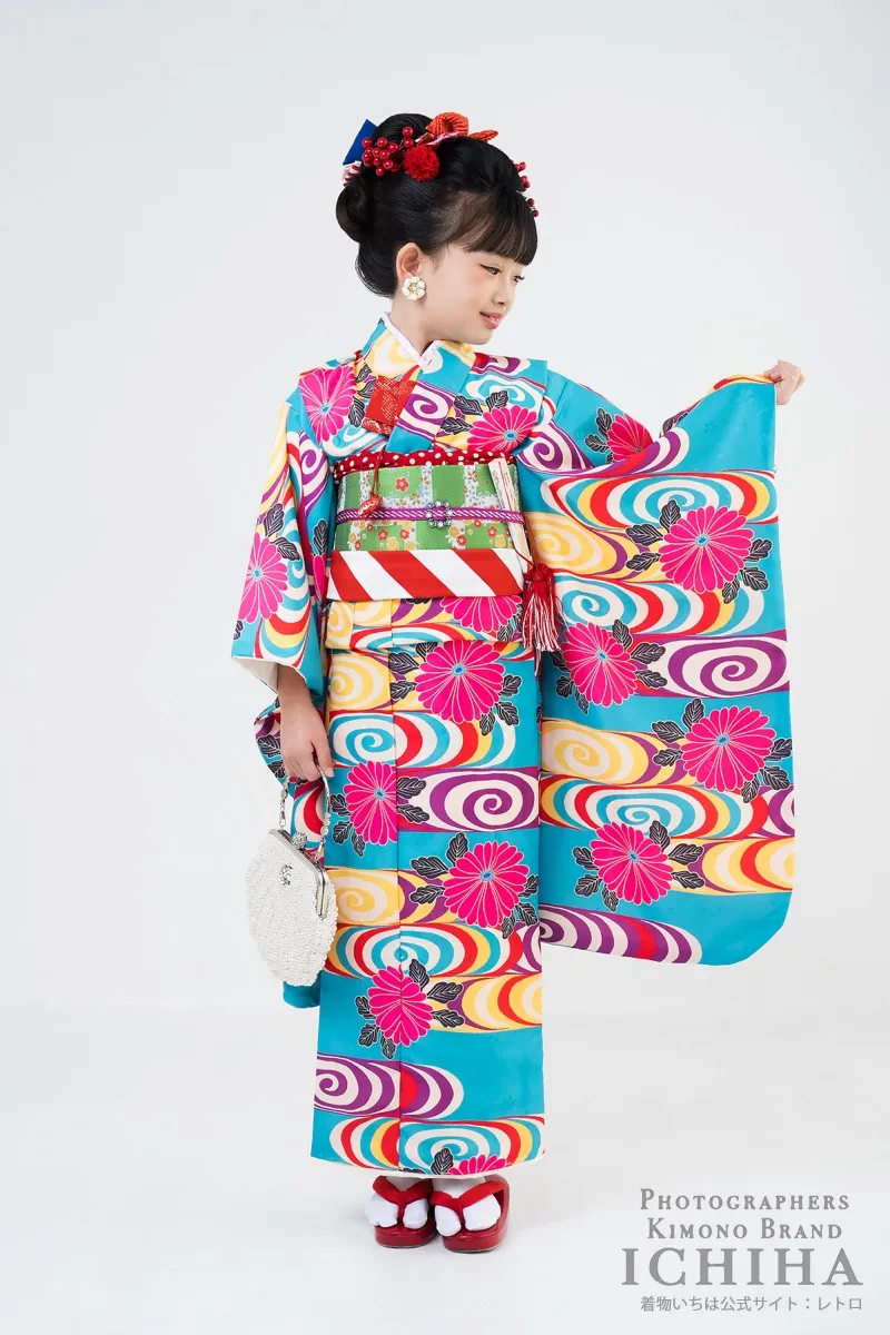 アンティーク復刻 彩渦菊 グリーン帯姿 七五三7歳