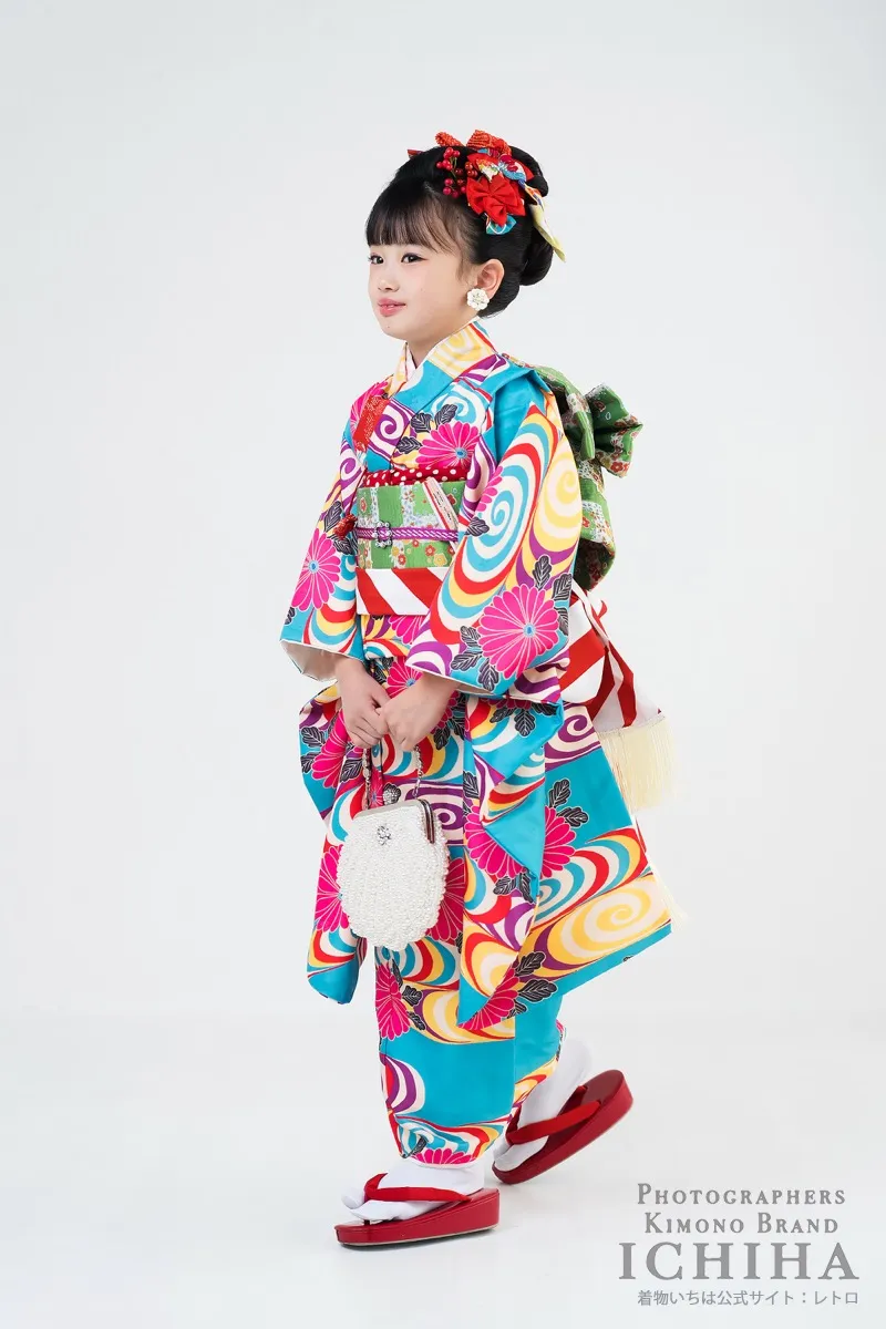 七五三7歳女の子 彩渦菊 ターコイズ レトロポップ着物レンタル