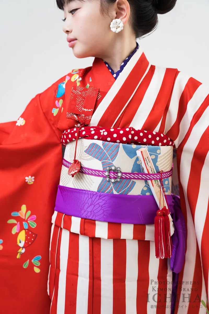 七五三着物レンタル7歳女の子 半身違い着物と帯コーディネート