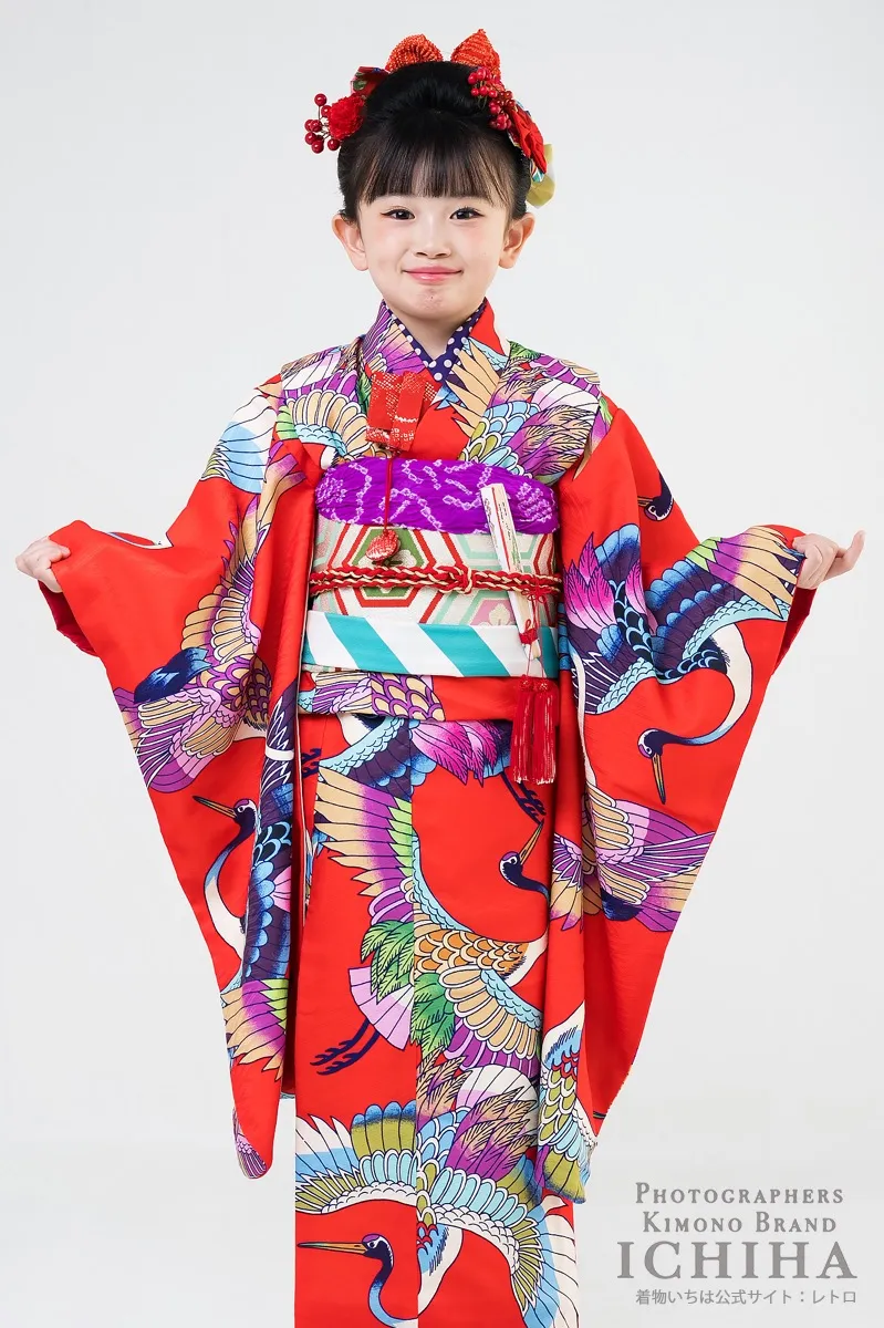 七五三着物レンタル7歳女の子 半身違い着物と帯コーディネート