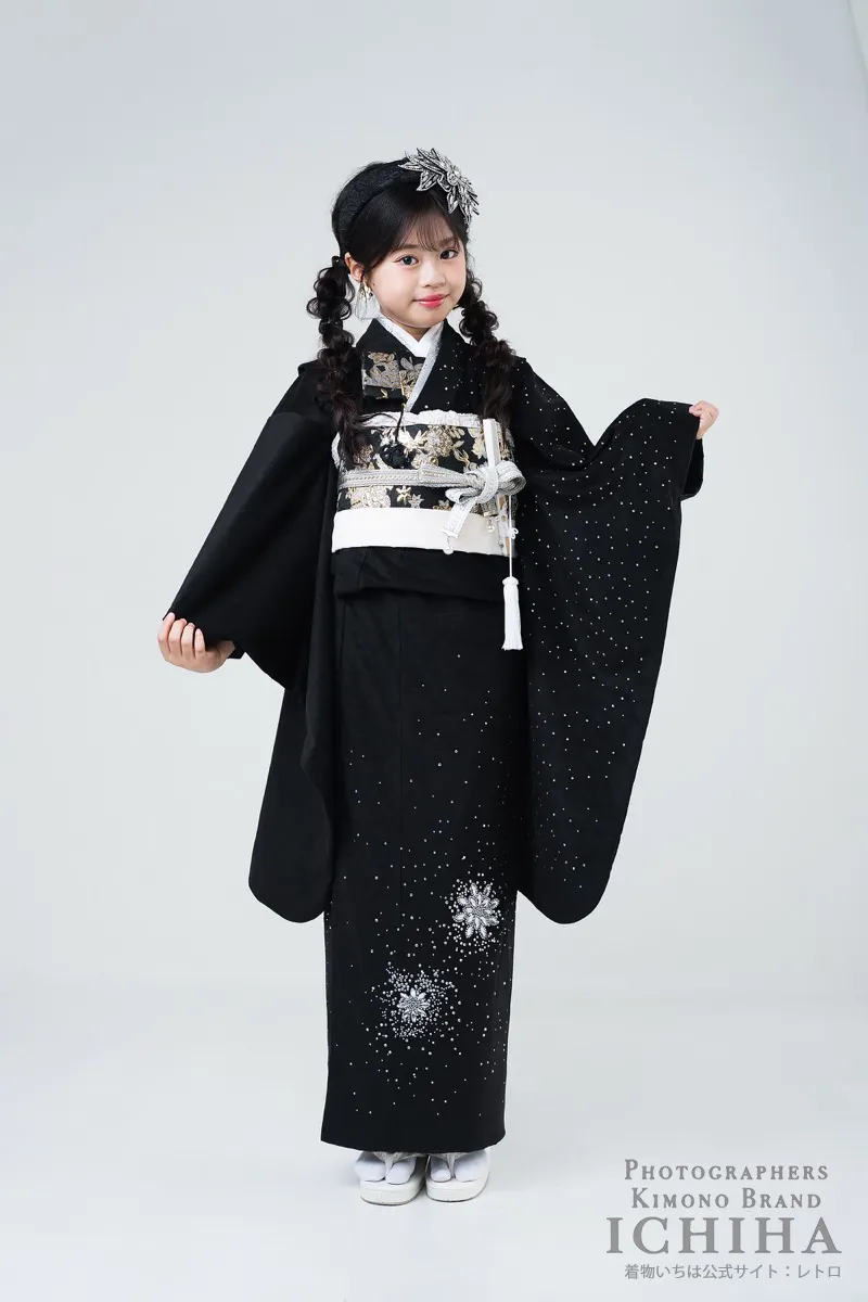 七五三着物レンタル7歳女の子 ジュエルベロア ブラック ラインストーン着物