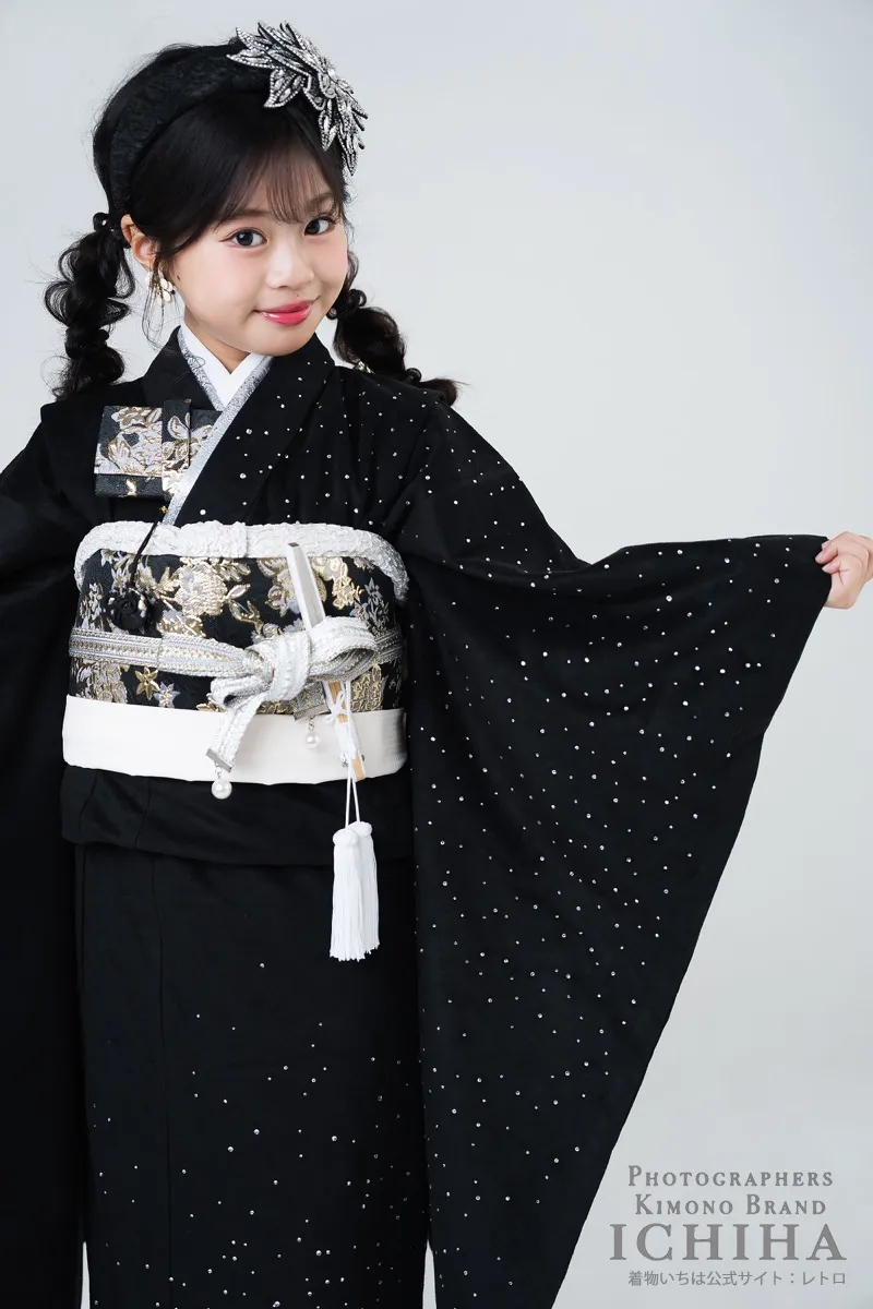七五三着物レンタル7歳女の子 ジュエルベロア ブラック ラインストーン着物