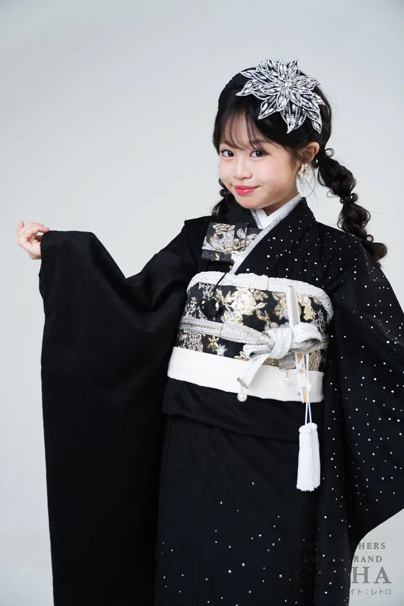 七五三着物レンタル7歳女の子 ジュエルベロア ブラック ラインストーン着物