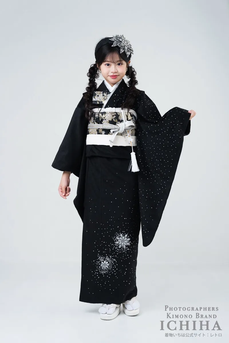 七五三着物レンタル7歳女の子 ジュエルベロア ブラック ラインストーン着物