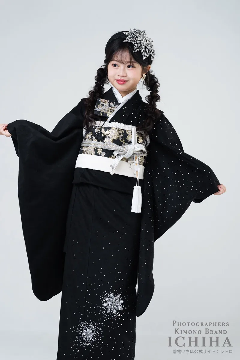七五三着物レンタル7歳女の子 ジュエルベロア ブラック ラインストーン着物
