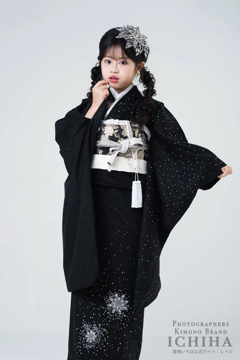 七五三着物レンタル7歳女の子 ジュエルベロア ブラック ラインストーン着物