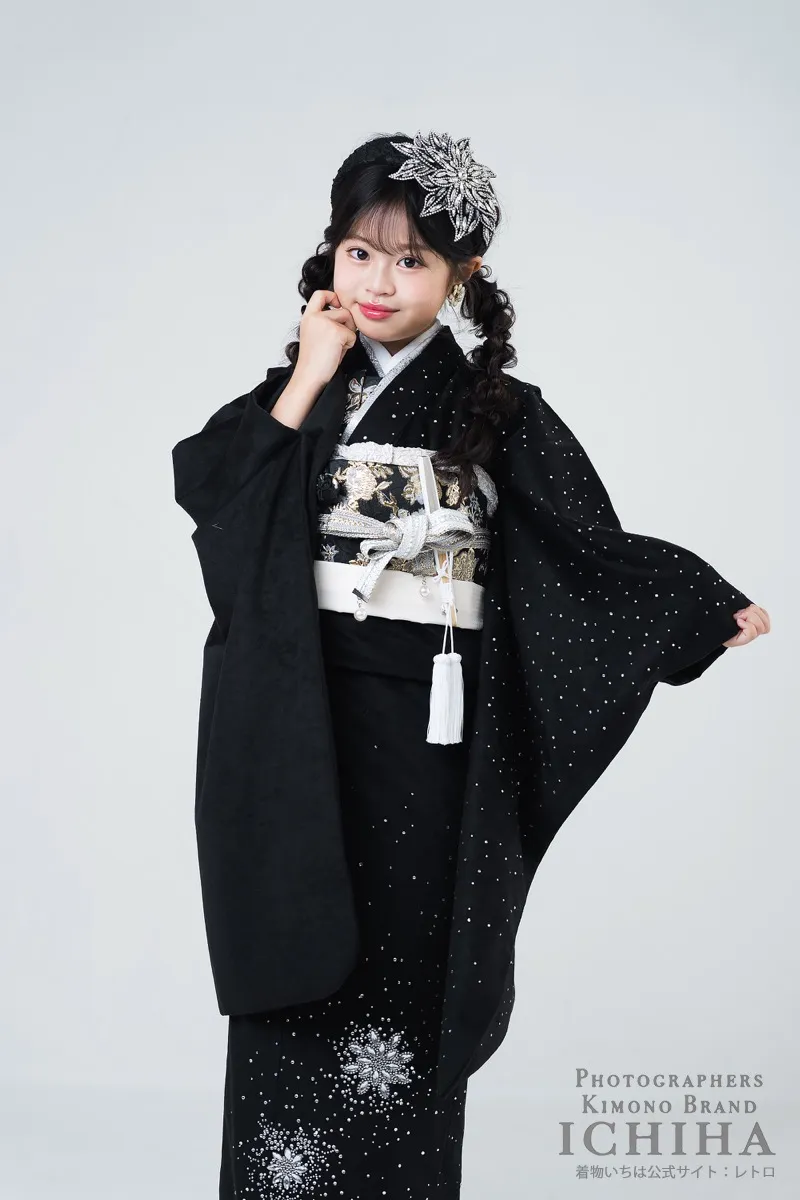 七五三着物レンタル7歳女の子 ジュエルベロア ブラック ラインストーン着物