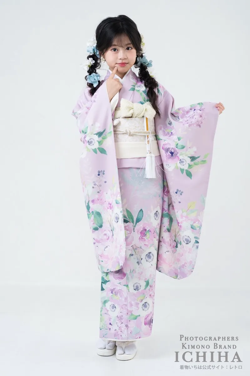 七五三着物レンタル7歳女の子 アネモネ ピンク 淡色花柄15点フルセット