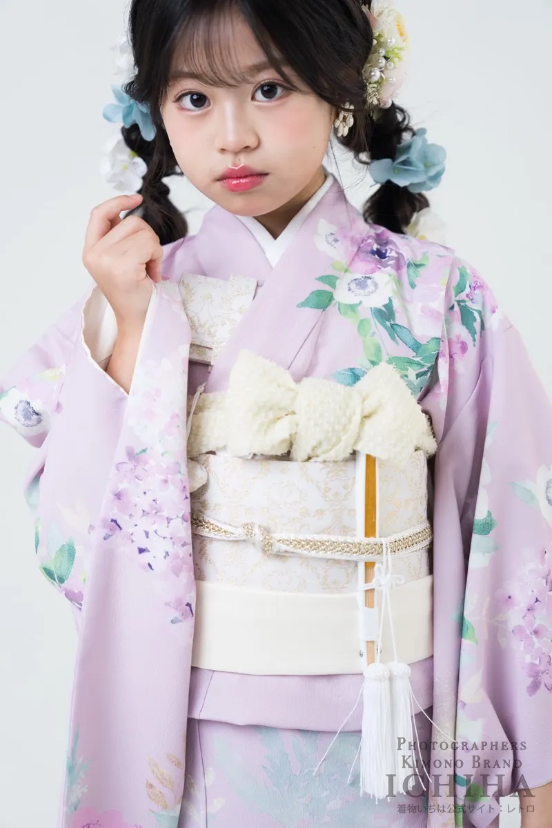 七五三着物レンタル7歳女の子 アネモネ ピンク 淡色花柄15点フルセット