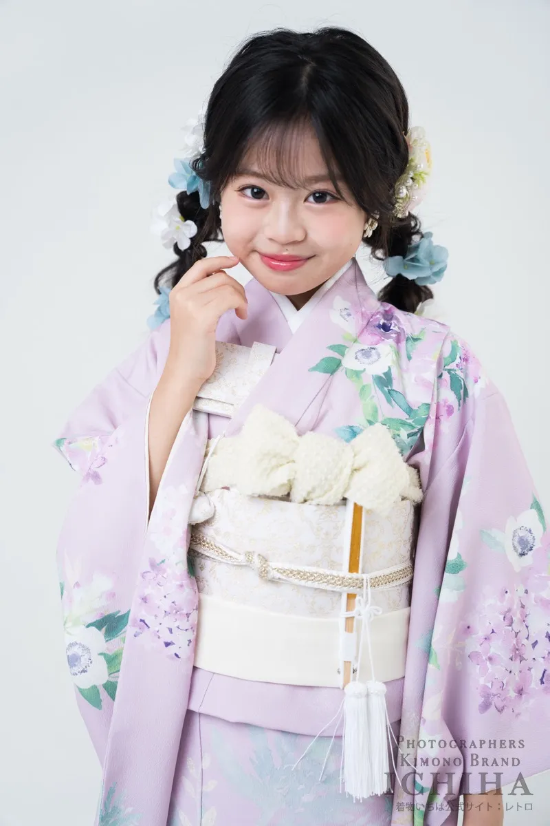 七五三着物レンタル7歳女の子 アネモネ ピンク 淡色花柄15点フルセット