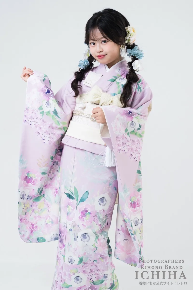七五三着物レンタル7歳女の子 アネモネ ピンク 淡色花柄15点フルセット
