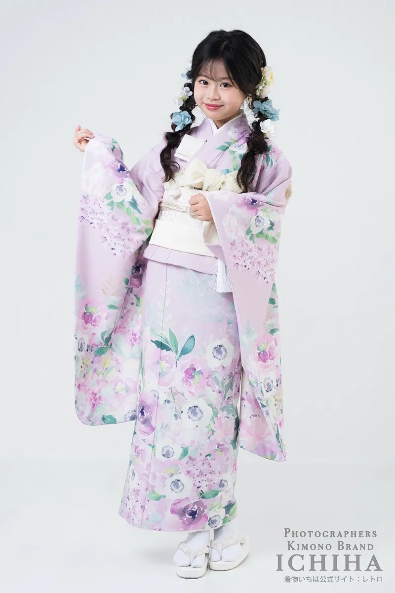 七五三着物レンタル7歳女の子 アネモネ ピンク 淡色花柄15点フルセット