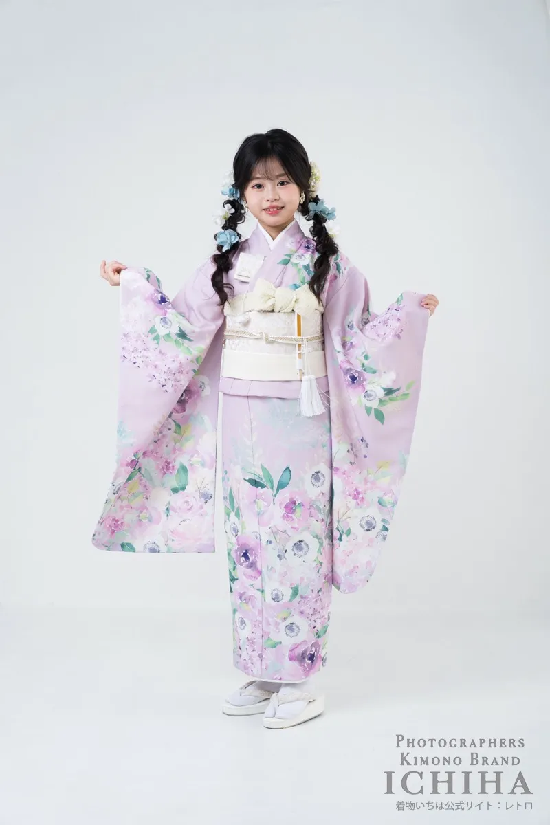 七五三着物レンタル7歳女の子 アネモネ ピンク 淡色花柄15点フルセット