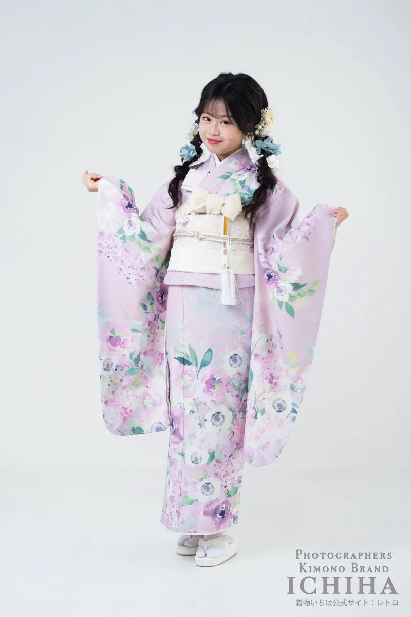 七五三着物レンタル7歳女の子 アネモネ ピンク 淡色花柄15点フルセット