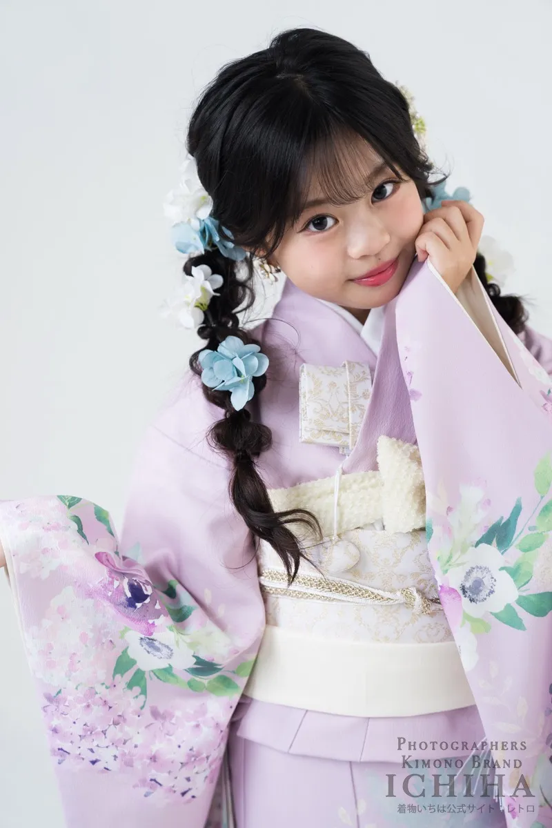 七五三着物レンタル7歳女の子 アネモネ ピンク 淡色花柄15点フルセット