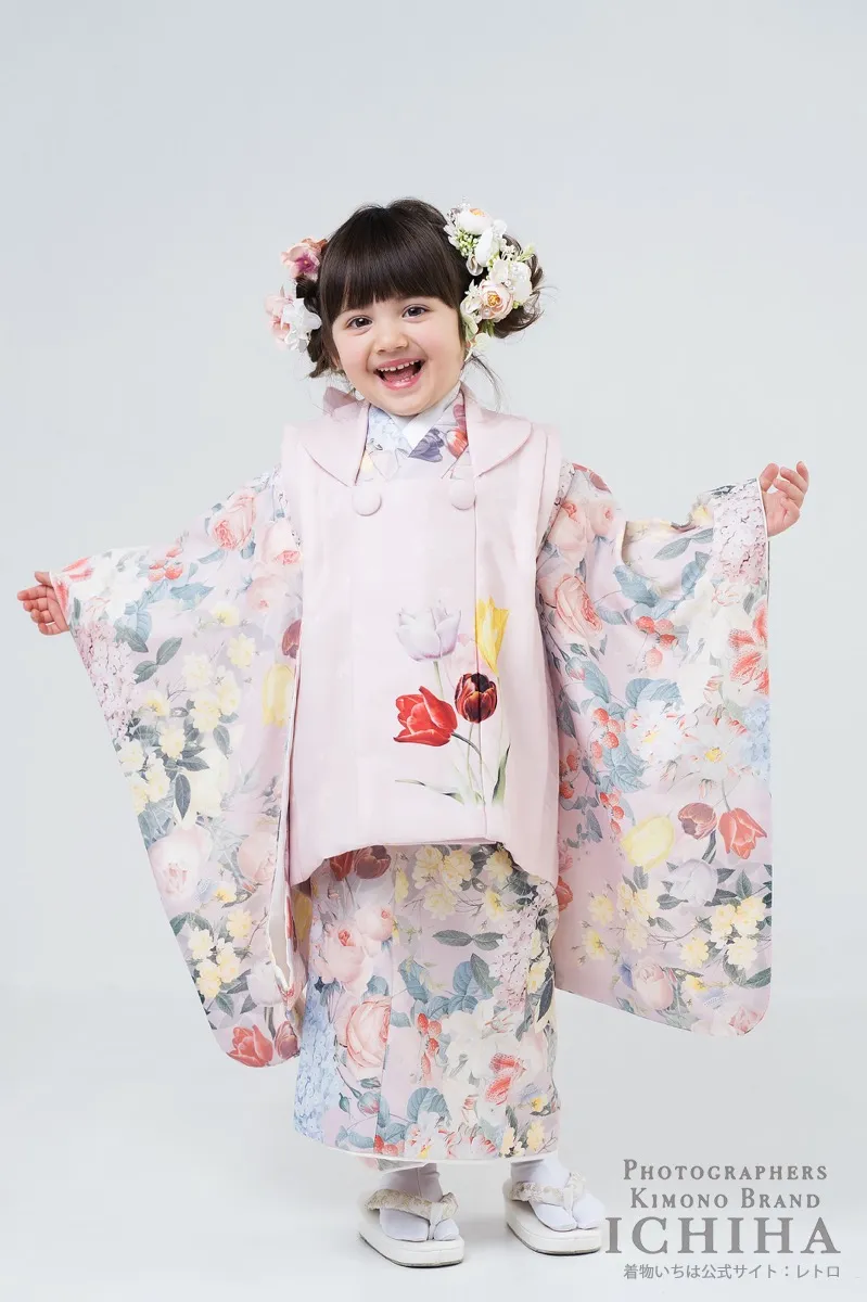 七五三着物レンタル3歳女の子 花園チューリップくすみピンク バックリボン被布セット 正面
