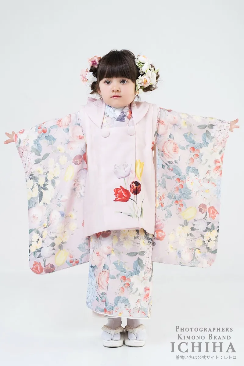 七五三着物レンタル3歳女の子 花園チューリップくすみピンク バックリボン被布セット 正面