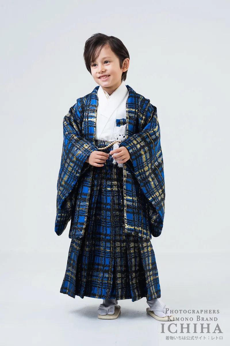 七五三着物レンタル5歳男の子 ブルーゴールドチェック 桐生織セットアップ羽織袴 全身
