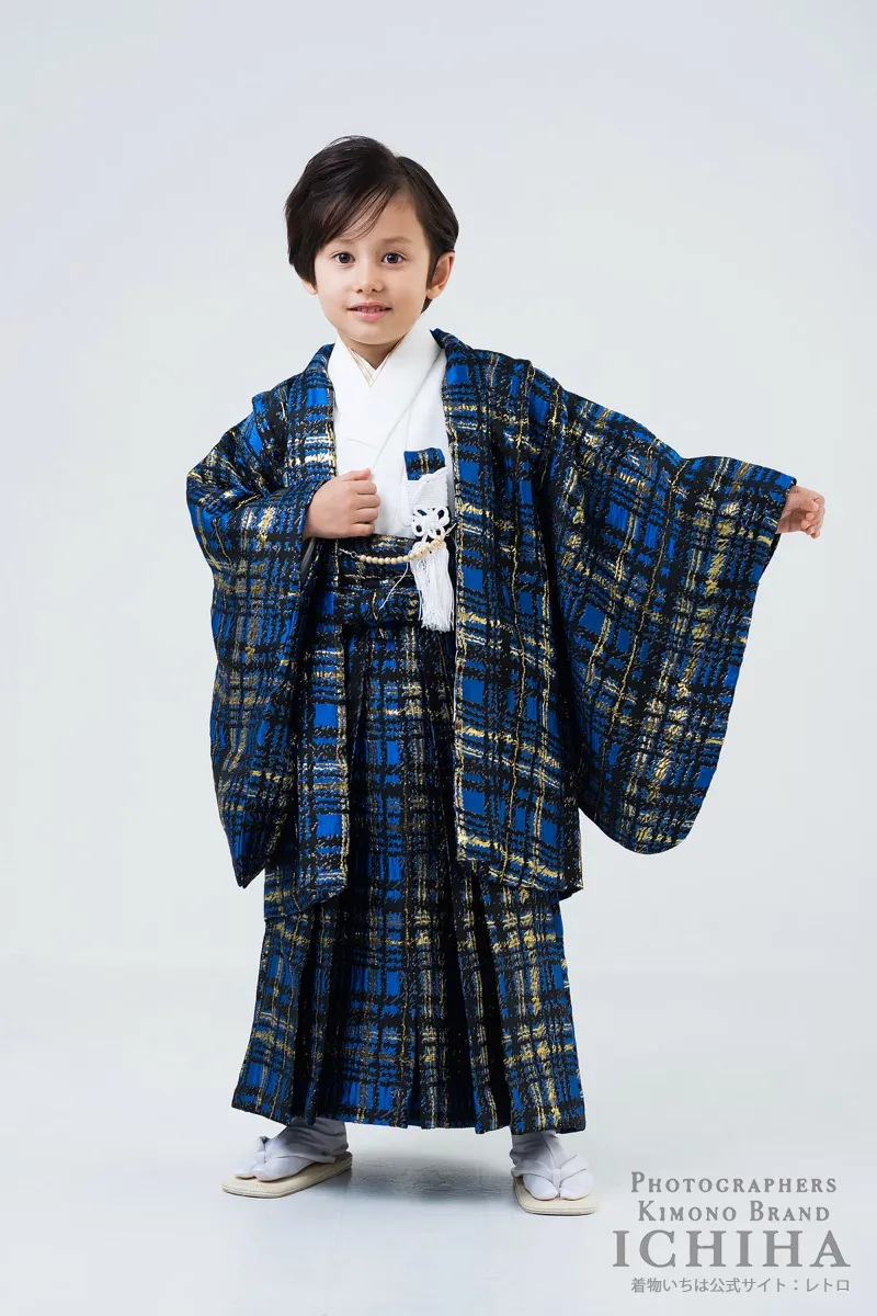 七五三着物レンタル5歳男の子 ブルーゴールドチェック 桐生織セットアップ羽織袴 全身