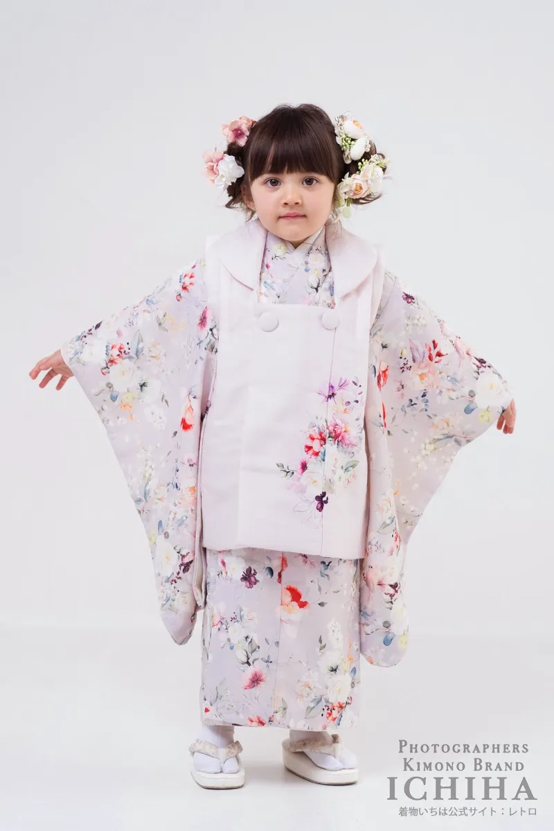 3歳女の子七五三 バードシリーズ花霞ピンク 小鳥と花柄の被布セット 全身