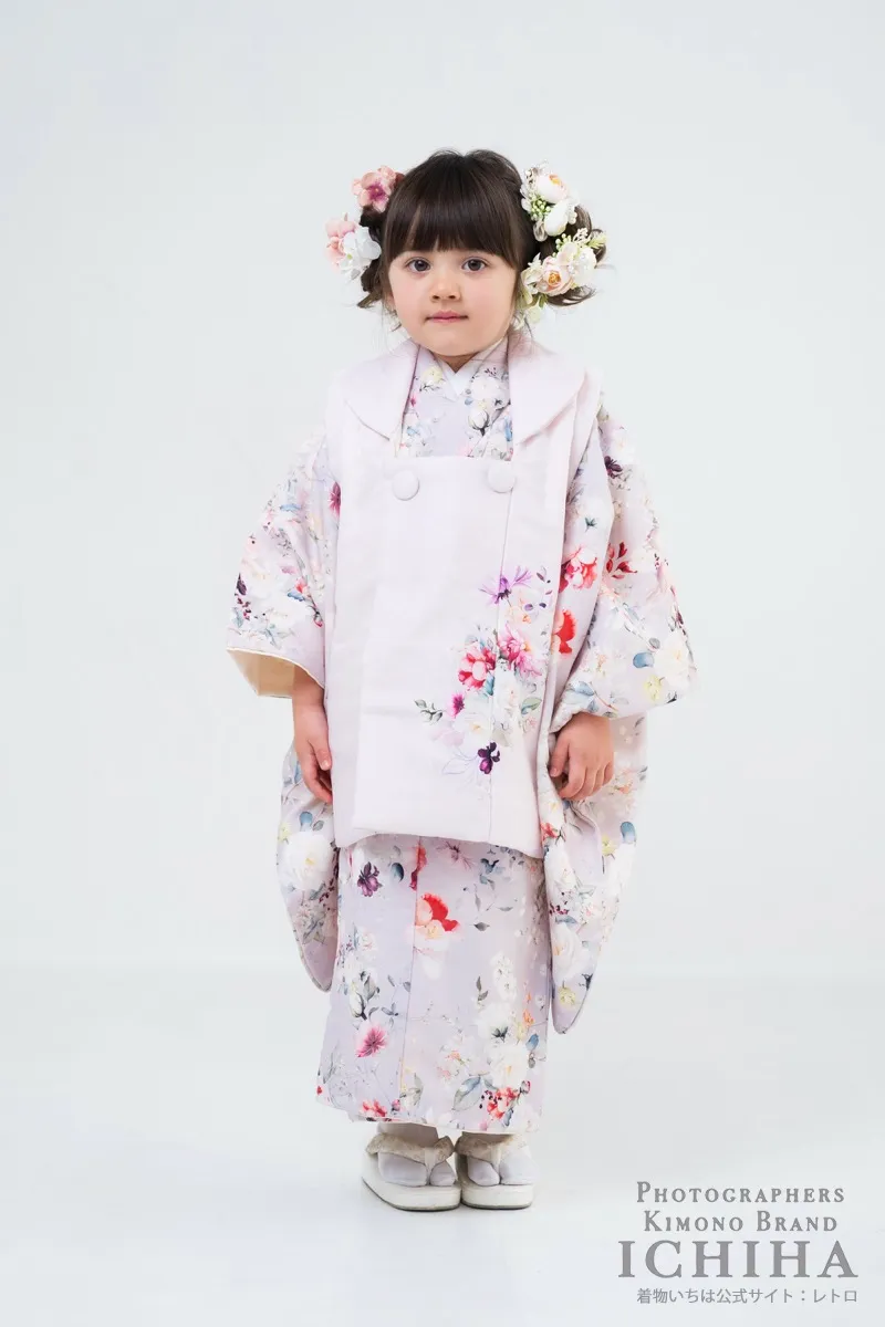 3歳女の子七五三 バードシリーズ花霞ピンク 小鳥と花柄の被布セット 全身
