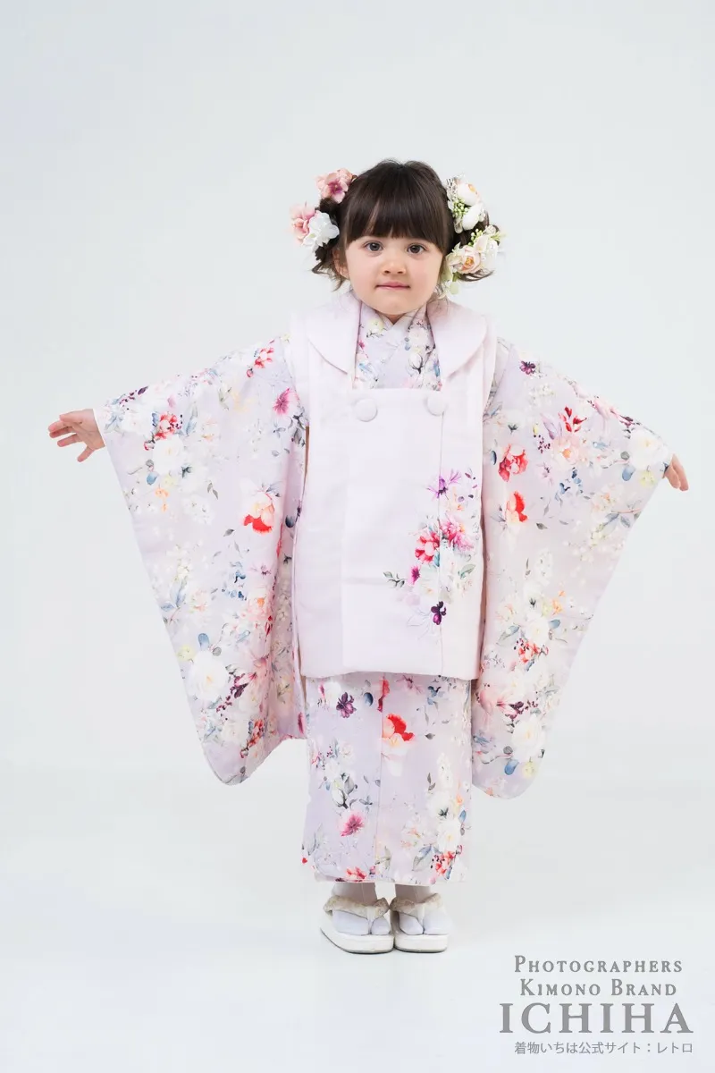 3歳女の子七五三 バードシリーズ花霞ピンク 小鳥と花柄の被布セット 全身