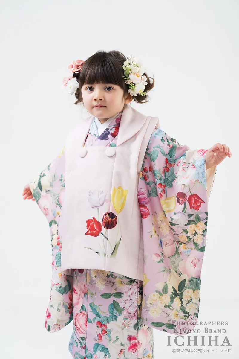 七五三着物レンタル3歳女の子 花園チューリップピンク 被布セット 全身