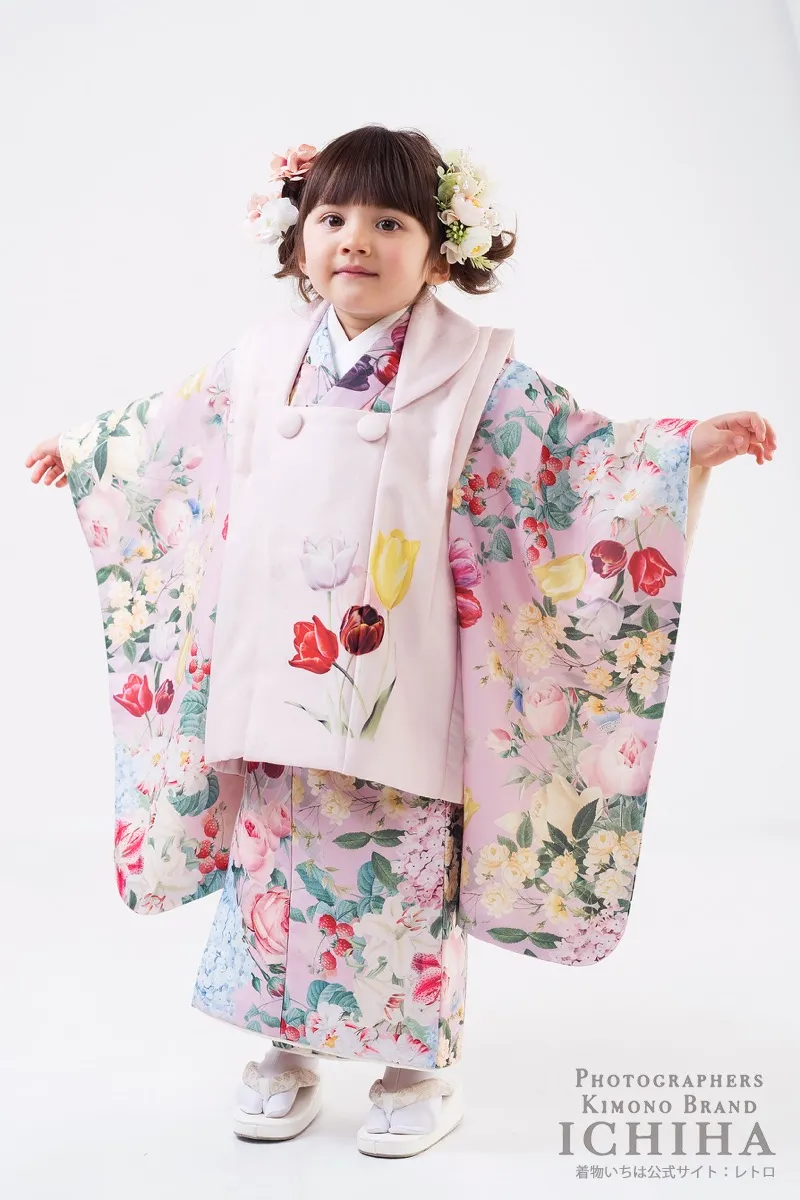 七五三着物レンタル3歳女の子 花園チューリップピンク 被布セット 全身