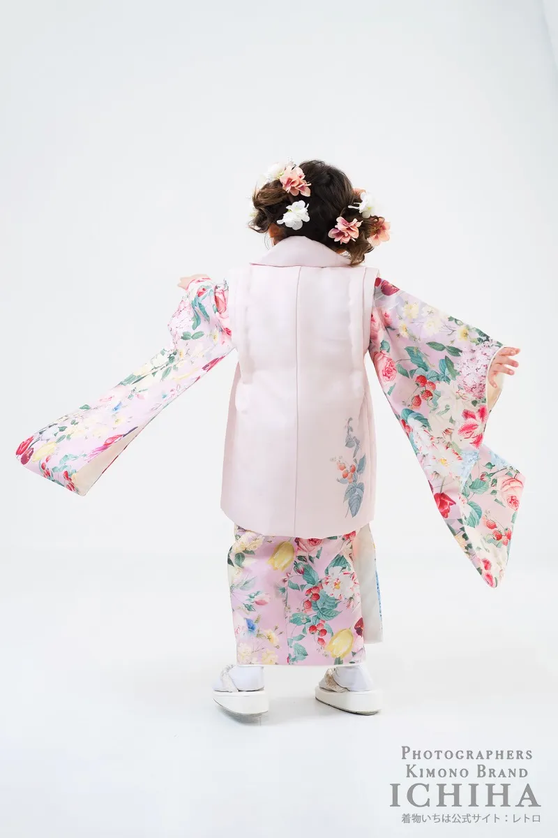 七五三着物レンタル3歳女の子 花園チューリップピンク 被布セット背面