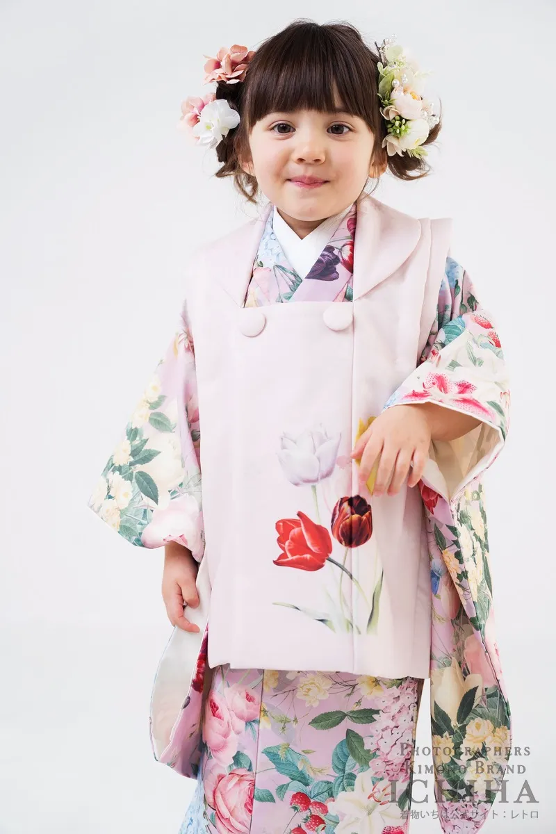 七五三3歳女の子 花園チューリップピンク チューリップ柄 被布デザインアップ