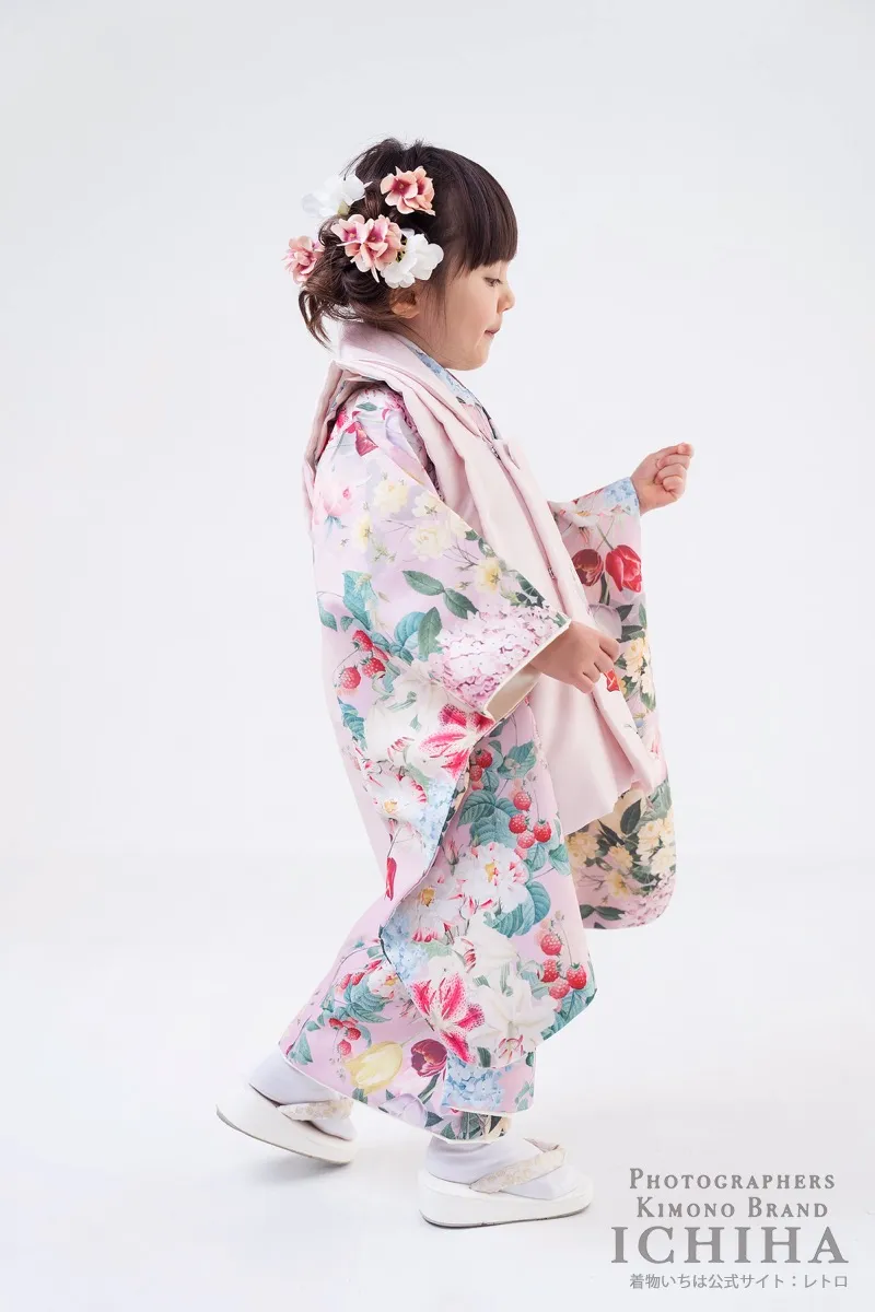 七五三着物レンタル3歳女の子 花園チューリップピンク 被布セット 横