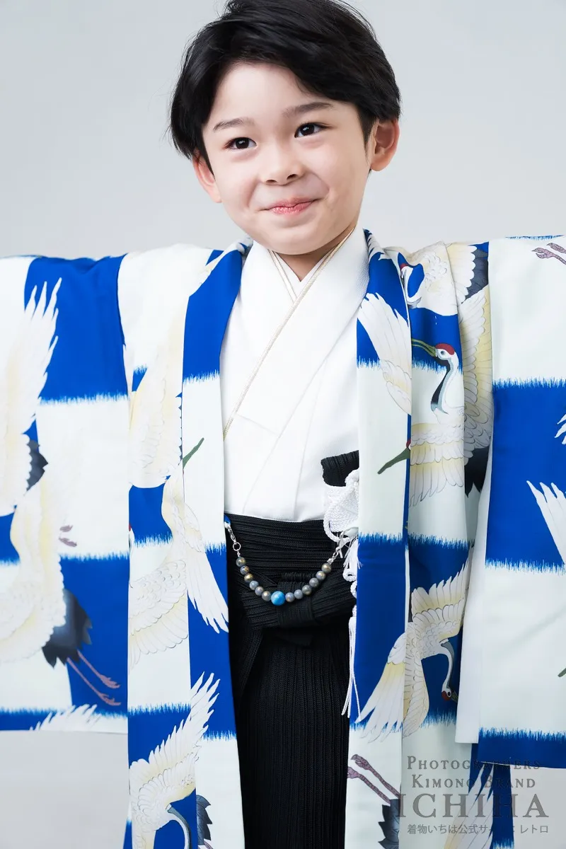 七五三着物レンタル5歳男の子 鶴×青白市松 羽織袴