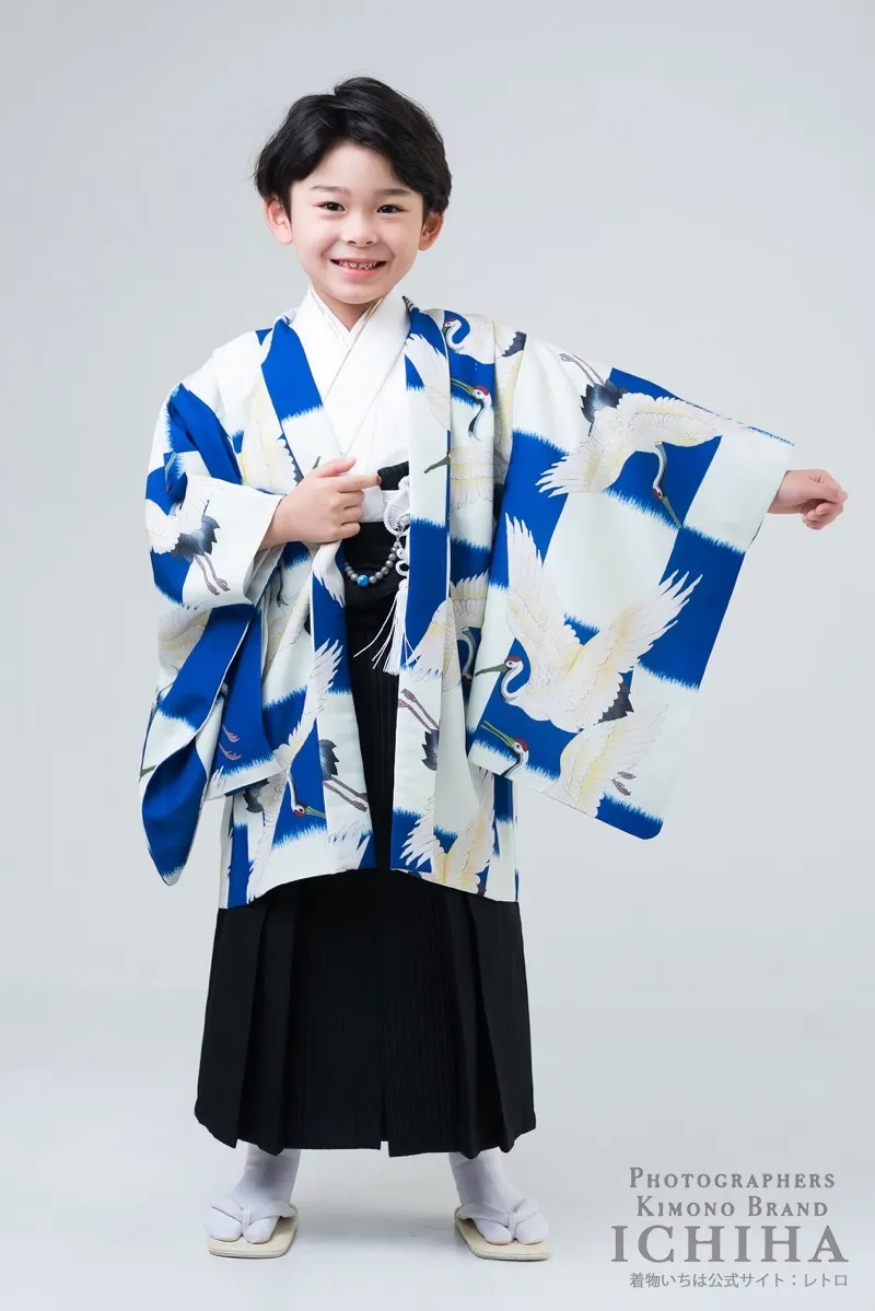 七五三着物レンタル5歳男の子 鶴×青白市松 羽織袴 全身