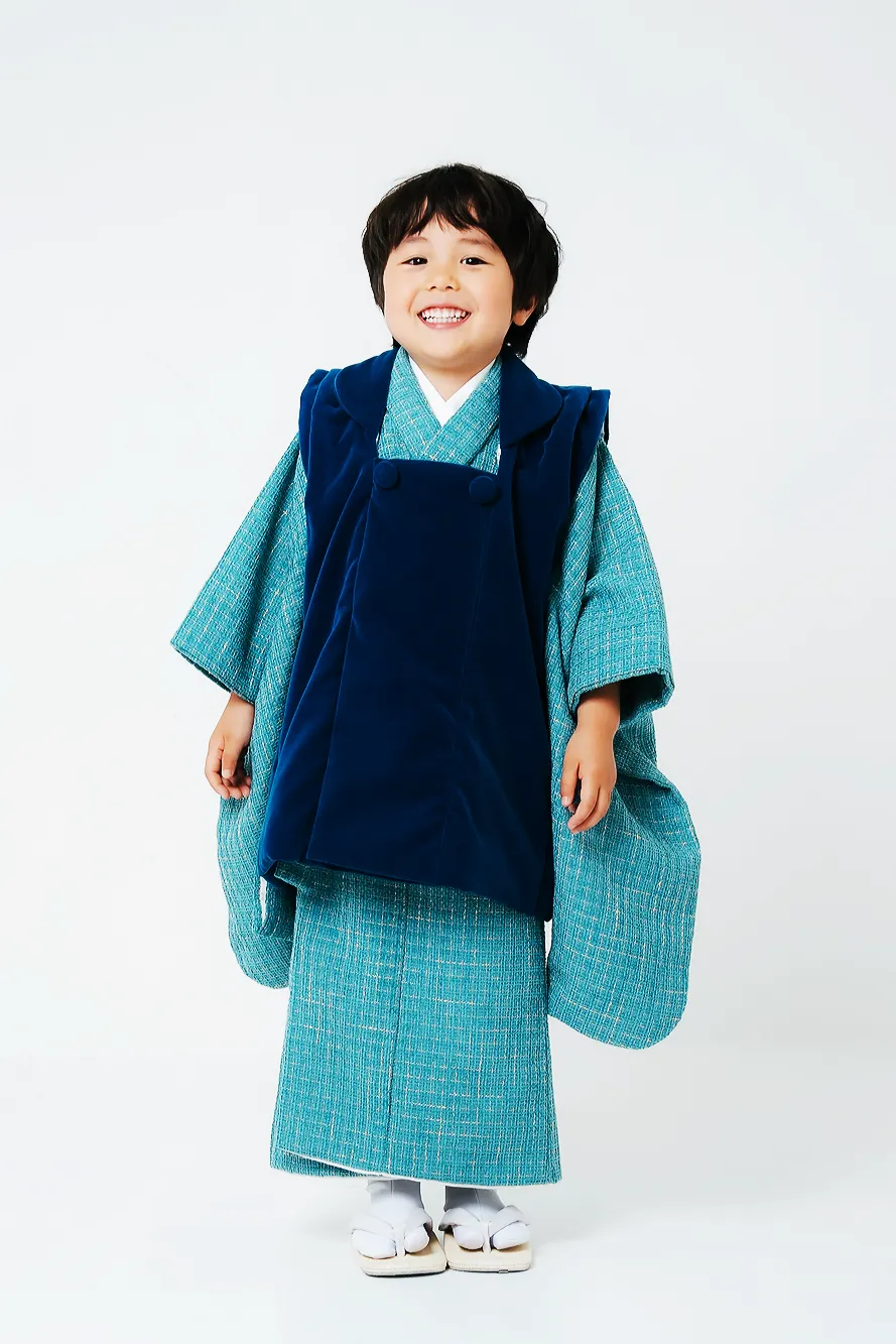 七五三 着物レンタル 3歳 男の子｜ツイードグリーン×青ベロア被布