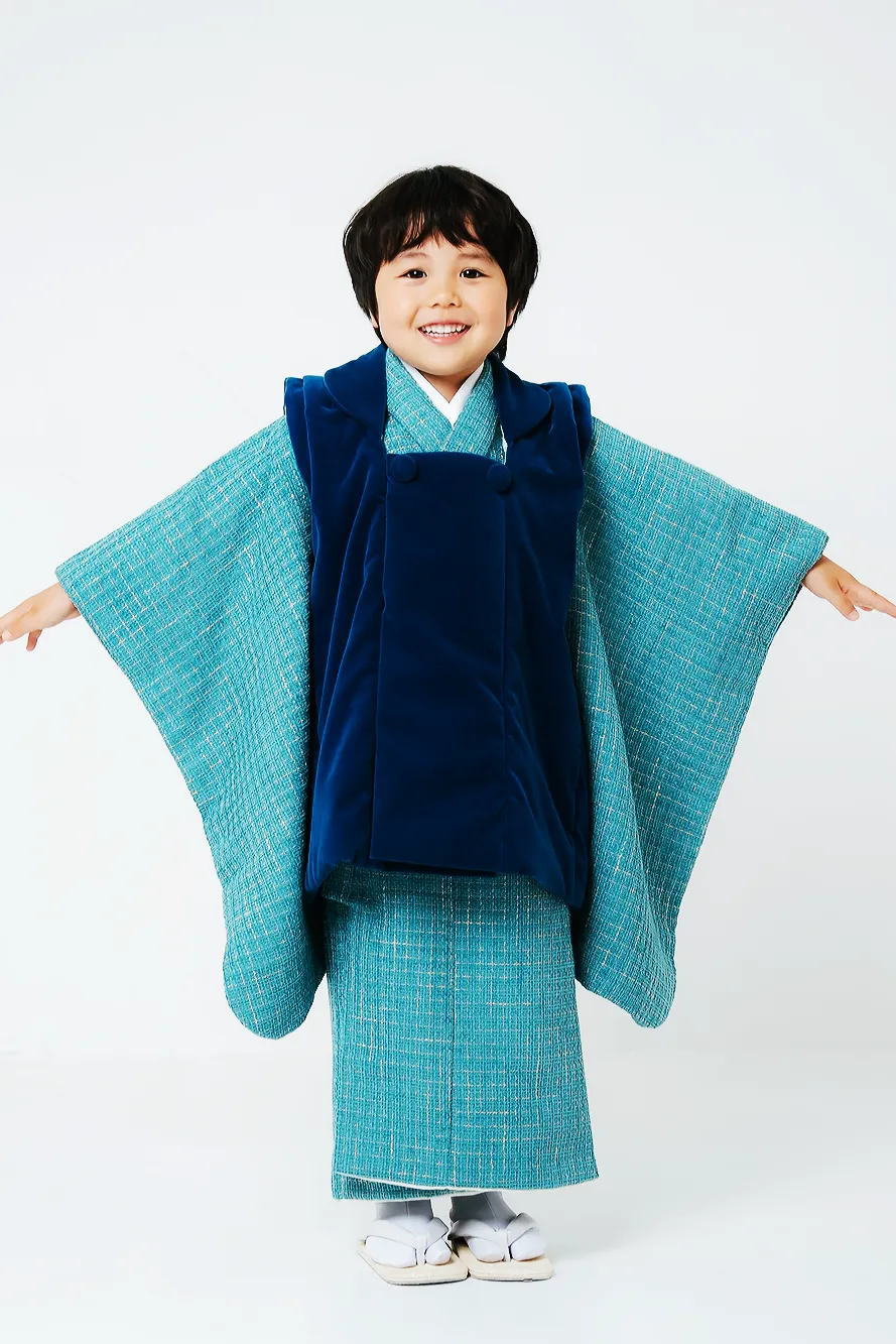 七五三 着物レンタル 3歳 男の子｜ツイードグリーン×青ベロア被布
