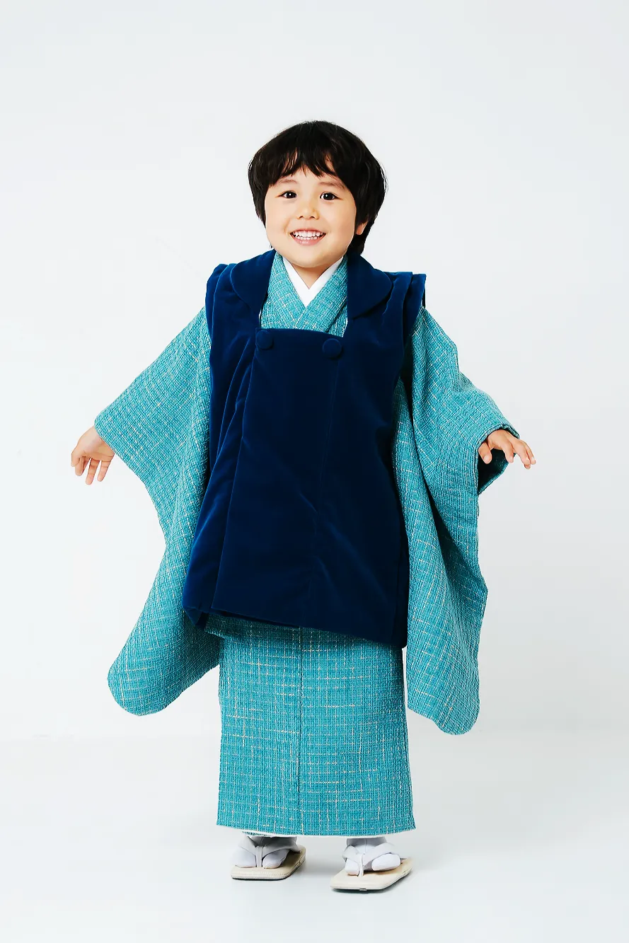 七五三 着物レンタル 3歳 男の子｜ツイードグリーン×青ベロア被布